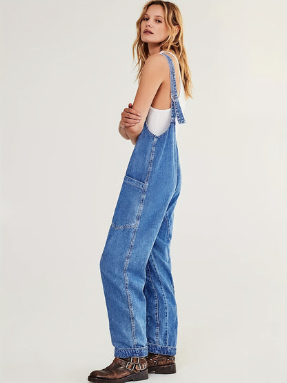 Loose Fit Washed Blue Hip Hop Streetwear Adjustable Strap Denim Overalls Dungarees, Women's Denim Jeans & Clothing