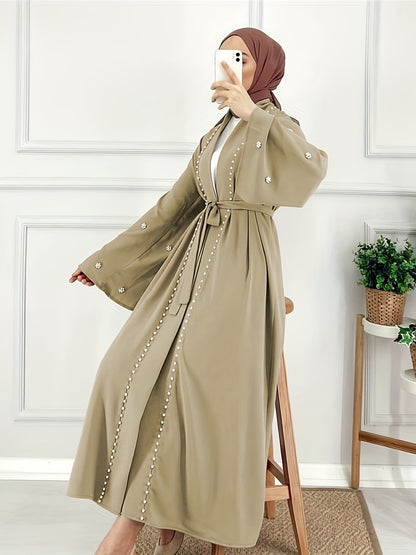 Ramadan Glamour - Solid Beaded Open Front Burqa Maxi Dress with Belted Waist - Timeless & Elegant Womens Clothing for Ramadan