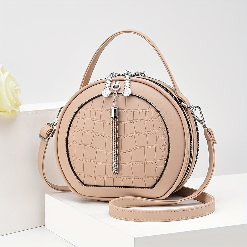 Sophisticated Round Mini Handbag - Crocodile Embossed, Solid Color, Adjustable Strap, Zipper Closure with Durable Edge Finish