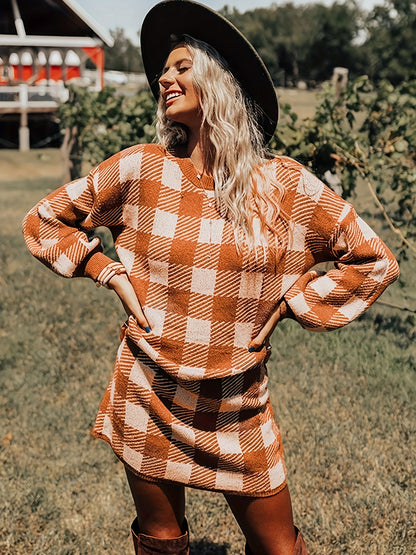 Cozy Chic Plaid Print Sweater Dress - Women's Casual Crew Neck Long Sleeve Dresses for Autumn Winter - Soft, Warm, and Comfortable Clothing for Ladies