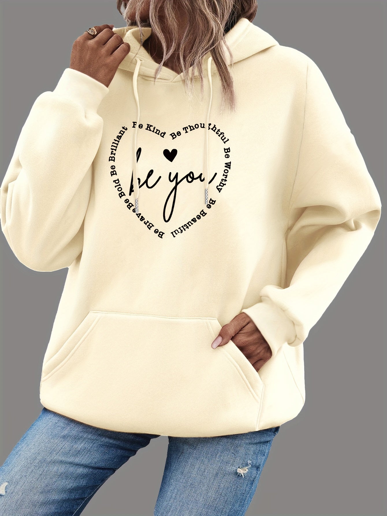 Heart & Letter Print Drawstring Hoodie - Cozy Casual Long Sleeve Hooded Sweatshirt with Adjustable Drawstring, Soft Brushed Fabric, and Relaxed Fit - Women's Comfortable Clothing for Daily Wear