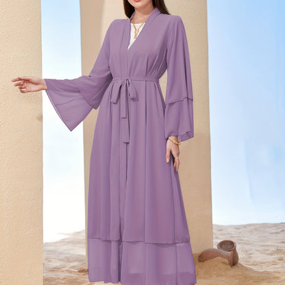 Long Sleeve Elegant Modest Cover Up Dress - Semi-Sheer, Solid Color, Polyester, Loose Fit, Middle East Style, Woven, No Elasticity, Perfect for All Seasons