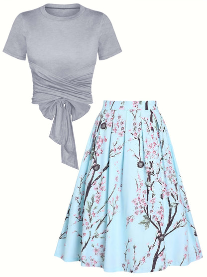 Elegant Two-piece Skirt Set, Solid Criss Cross Tie Back Top & Floral Print Skirt Outfits, Women's Clothing