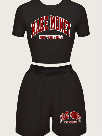 Casual Two-Piece Set - 'Make Money' Motif Cropped T-Shirt & Comfy Loose Shorts - Versatile Outfit for Women