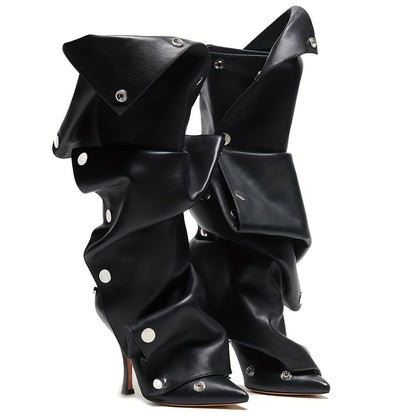 Chic Convertible Knee-High/Stiletto Mid-Calf Boots with Pointed Toes and Ruched Design - Perfect for Dress-Up Occasions