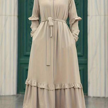 Elegant Modest Maxi Kaftan Dress - Long Sleeve, Tie-Waist with Chain Detail, Zip-Front, Durable All-Season Women's Fashion