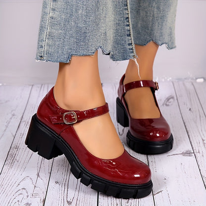 Women's Chunky Heel shoes, Solid Color Round Toe Buckle Strap Shoes, Versatile Dress Mid Heels