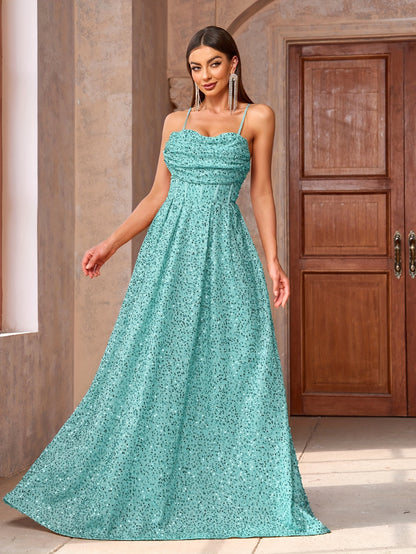 Elegant Sequined Slingback Cami Dress - Ruched Bust, Micro Elasticity, Floor Length, Backless, Sleeveless, Solid Color - Perfect for Party & Banquet, Womens Clothing