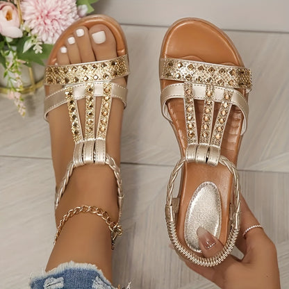 Glamorous Rhinestone Wedge Sandals - Stylish Heel, Open Toe, Comfortable Elastic Straps for Summer - Casual Everyday Footwear