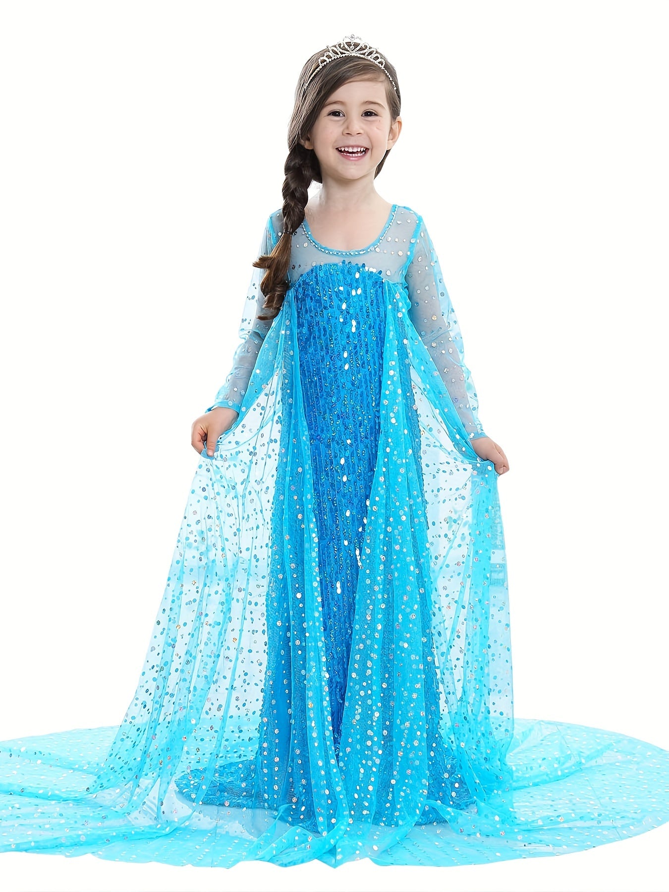 Girl's Princess Dress With Accessories Sets, Sequin Decor Long Sleeve Dress, Tulle Cloak, Ice And Snow Queen Cosplay Outfits, Halloween Holiday Party Prom Birthday Performance Costume, Kids Clothes