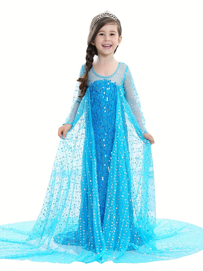 Girl's Princess Dress With Accessories Sets, Sequin Decor Long Sleeve Dress, Tulle Cloak, Ice And Snow Queen Cosplay Outfits, Halloween Holiday Party Prom Birthday Performance Costume, Kids Clothes