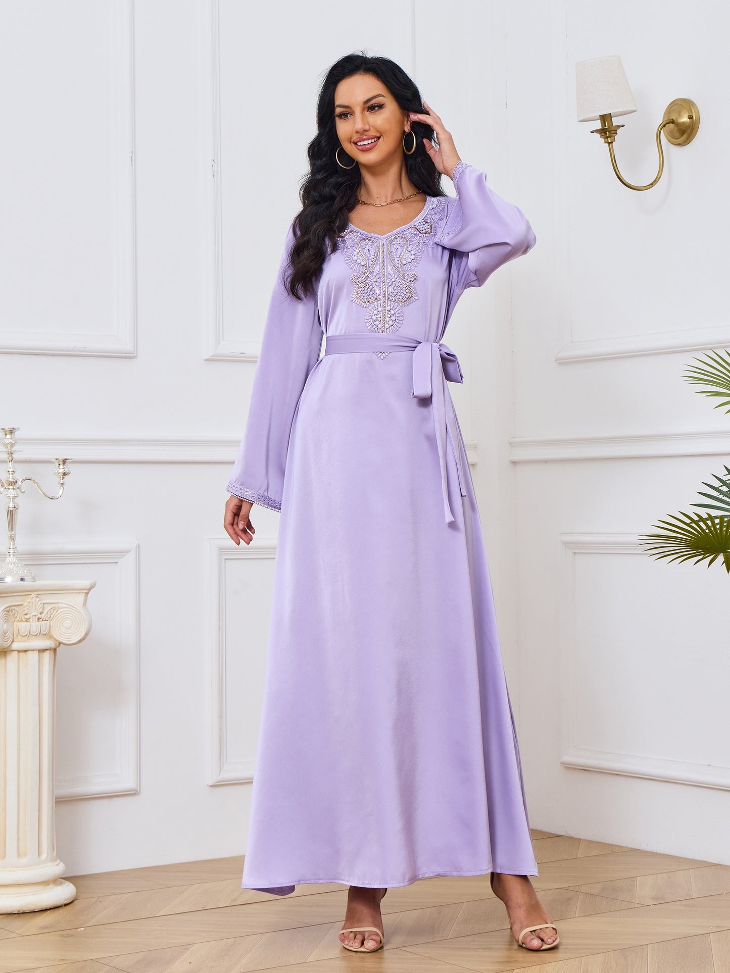 Ramadan Floral Charm - Luxurious Beaded Kaftan Dress with Long Sleeves & Tied Crew Neck - A Timeless, Flowy & Comfortable Womens Clothing Choice for Festive Occasions