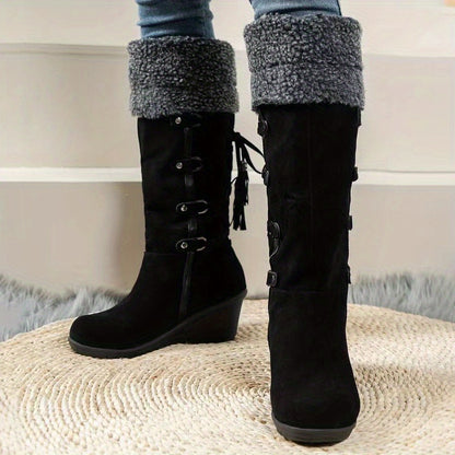 Stylish Plush Lined Wedge Heeled Boots - Knee-High Comfortable Dress Boots with Slip-On Design and Soft Inners for Women - Perfect for Casual and Formal Occasions