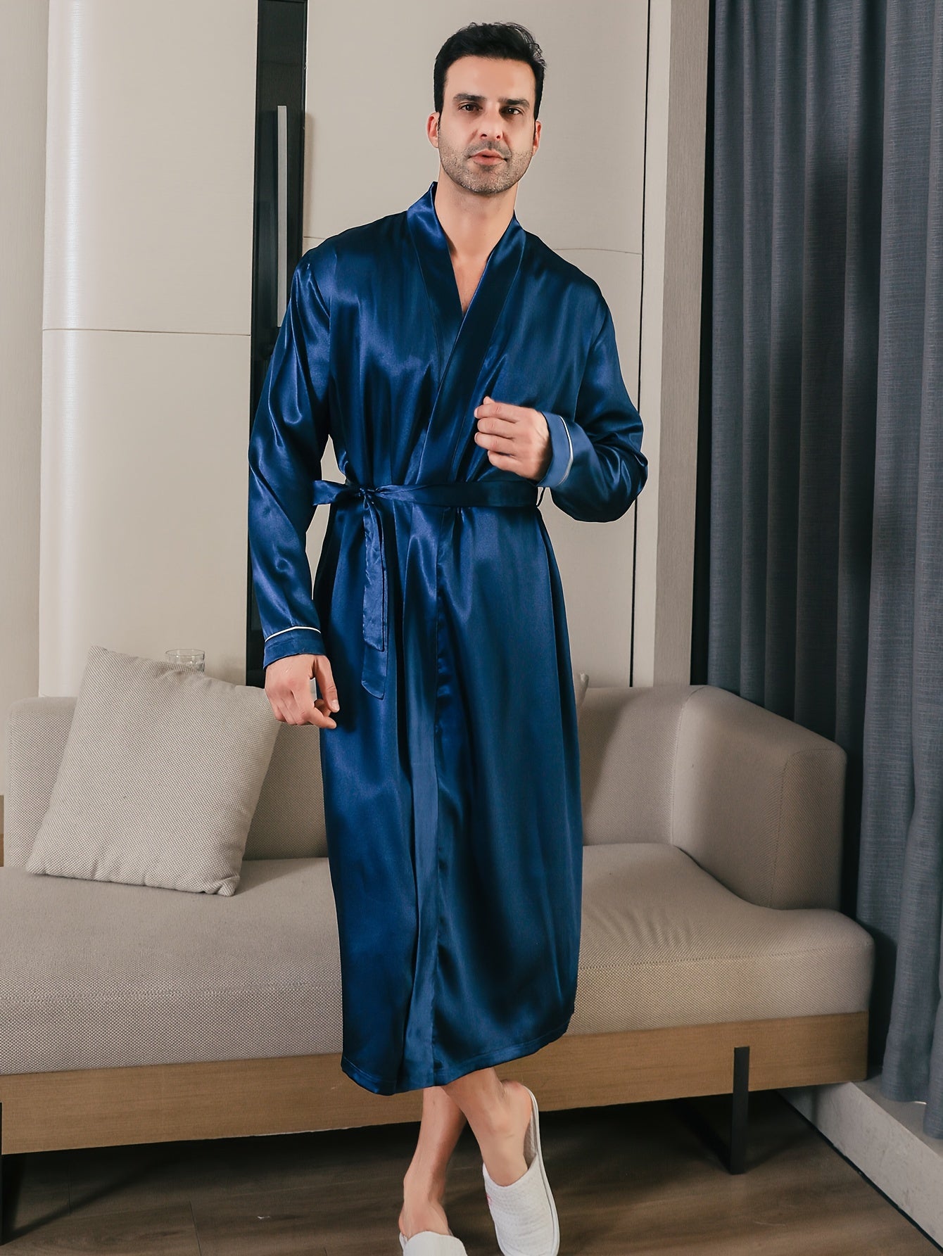 Mens Long Sleeve V-Neck Robe - Lightweight, Breathable, Soft Polyester Ice Silk Fabric with Waist Tie for Comfortable Lounge Wear in Spring, Summer and Fall Seasons - Regular Fit, Solid Color, Woven Robe Set