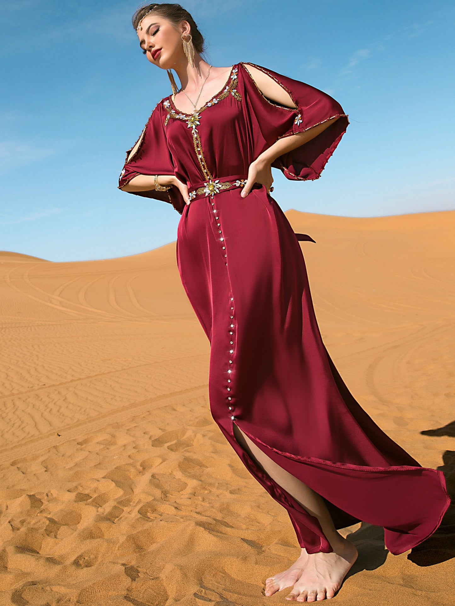 Glittering Rhinestoned Ramadan Abayas - Crew Neck Belted Maxi Dress with Split Cut Out Flare Sleeves - Perfect for Elegant Party Wear