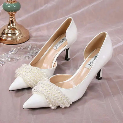 New Pearl Stiletto Heels Fairy White Wedding Bridesmaid Shoes Fashion Party Pumps Kq8