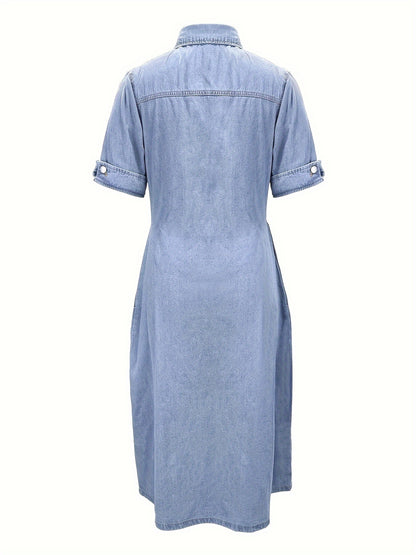 Single-breasted Short Sleeve Plain Denim Dress, Lapel Pleated Flap Pocket Flattering Denim Dress, Women's Denim Jeans & Clothing