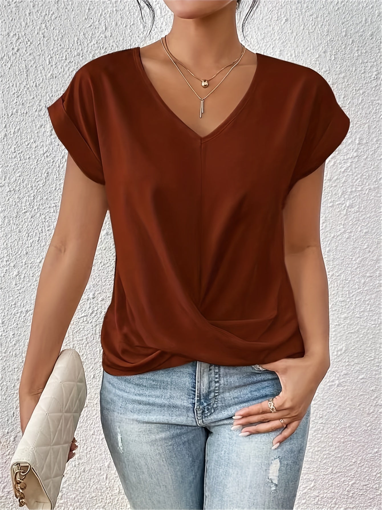 Chic Knot V-Neck T-Shirt - Lightweight & Breathable for Spring/Summer - Stylish Casual Wear for Women