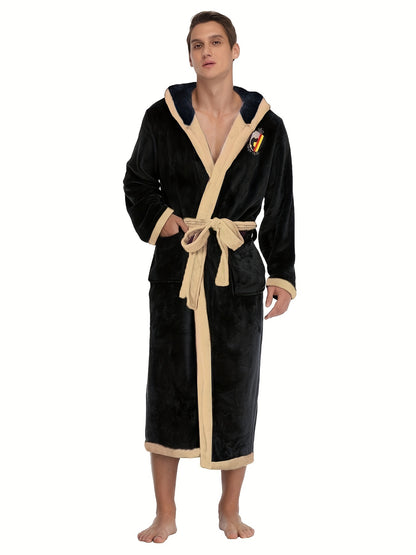 Men's Comfy Color Block Flannel Robe Home Letter Embroidered Hooded Pajamas Wear With Pocket & Hair Dry Hat, One-piece Lace Up Kimono Night-robe Warm Sets After Bath