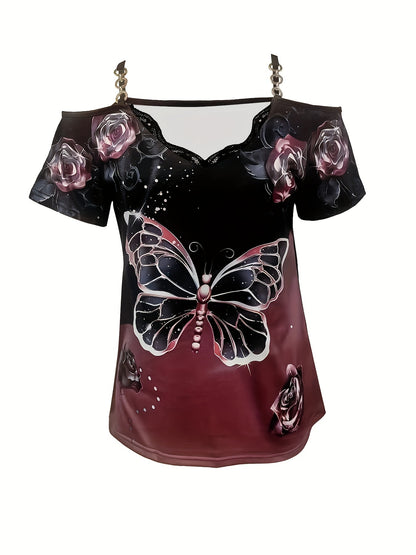 Charming Butterfly Print T-Shirt with Lace Trim & Chain Strap - Sexy Short Sleeve for Spring & Summer - Fashionable Womens Clothing for Warm Weather