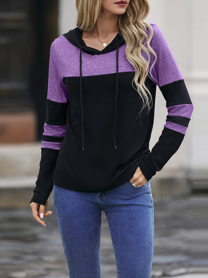 Colorblock Striped Hoodie, Casual Drawstring Long Sleeve Top For Spring & Fall, Women's Clothing