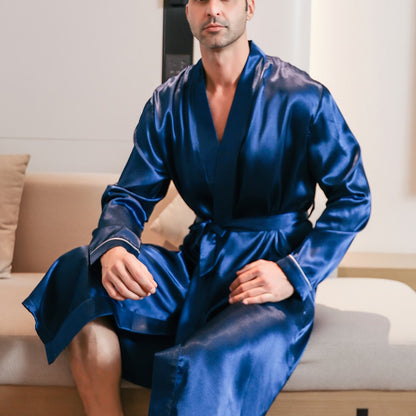 Mens Long Sleeve V-Neck Robe - Lightweight, Breathable, Soft Polyester Ice Silk Fabric with Waist Tie for Comfortable Lounge Wear in Spring, Summer and Fall Seasons - Regular Fit, Solid Color, Woven Robe Set