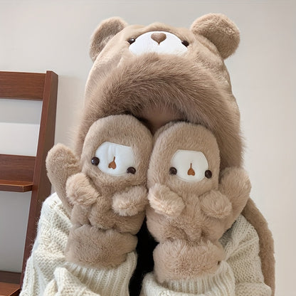 Cozy Cartoon Bear Plush Hat & Gloves Set - Thick, Warm Ear-Protecting Winter Cap with Cute Animal Design for Women