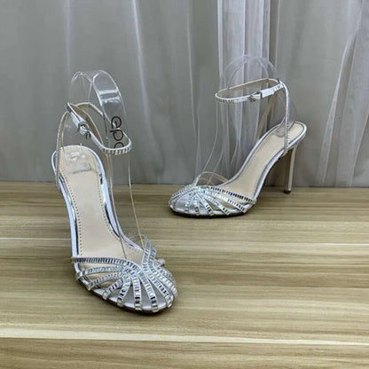 Rhinestones  Summer New Round Head Hollow Stiletto Sandals Feminine Temperament Banquet Princess Shoes High Heels Kq8