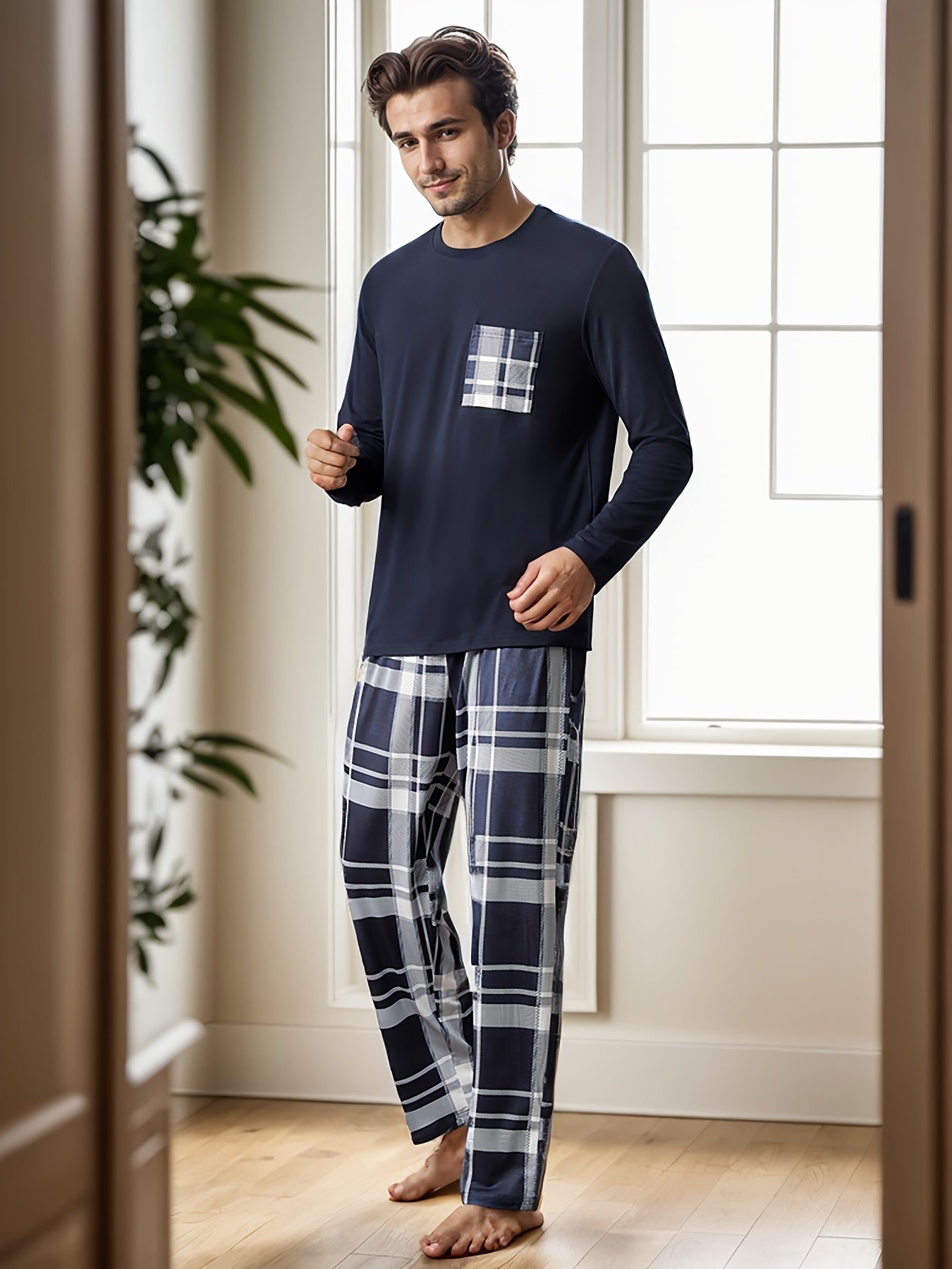 2 Pcs Men's Simple Plaid Pocket Round Neck Long Sleeve & Plaid Trousers Pajama Set, Comfortable & Skin-friendly Style Pajamas For Men's Cozy Loungewear