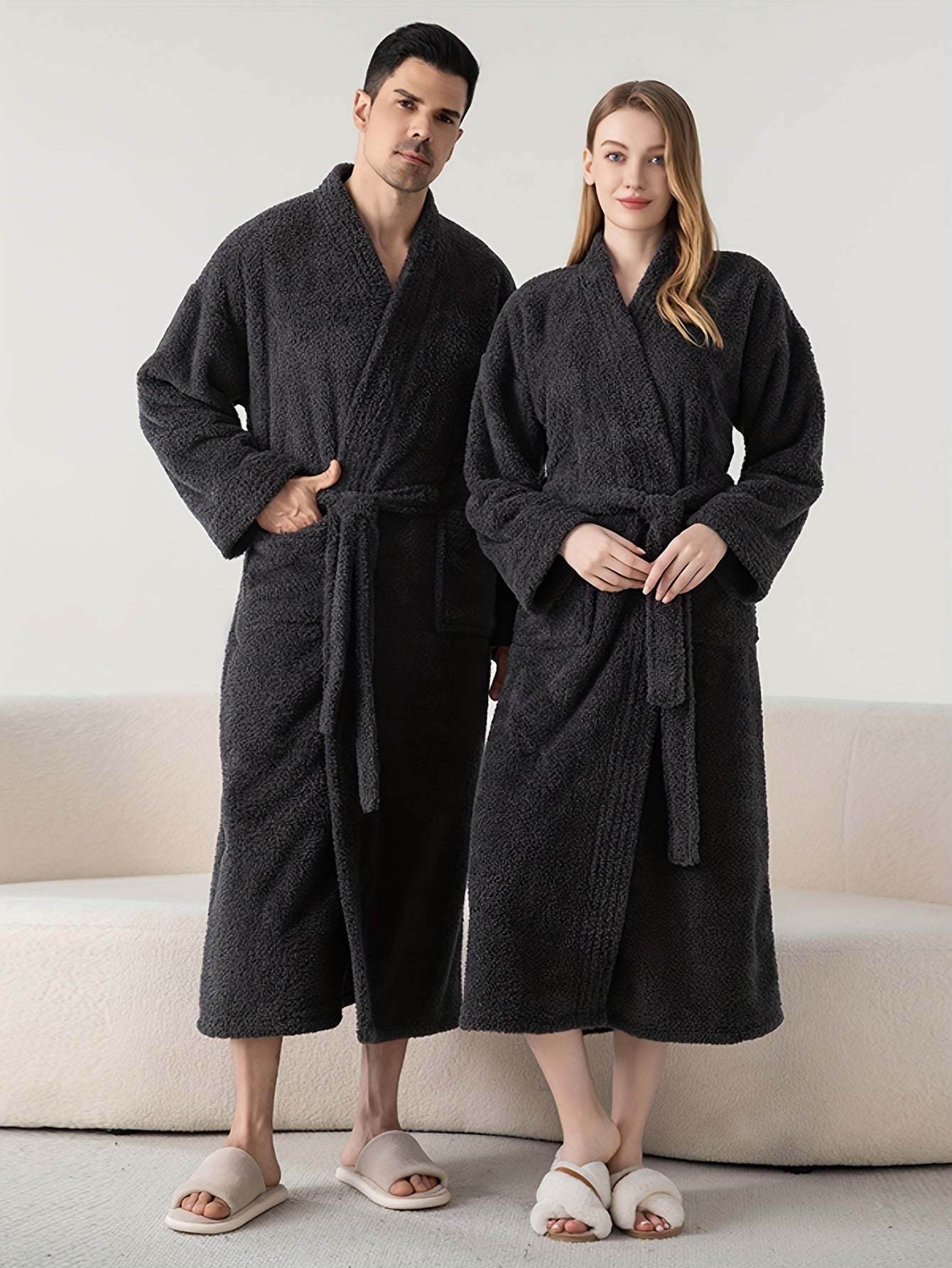 Luxurious Soft Polyester V-Neck Long Sleeve Robe Set with Pockets - Casual Solid Color Knit Fabric Couples Loungewear with Waist Tie, Perfect for Fall/Winter Season - Unisex Home Wear and Sleepwear with Functional Placket