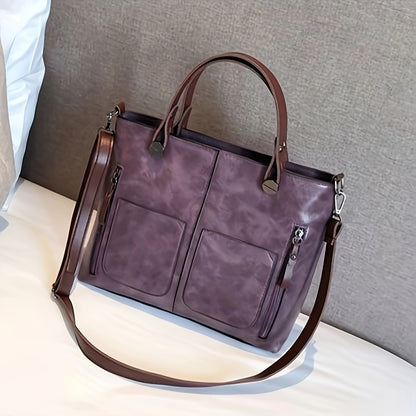 Large Capacity Elegant Dark Purple PU Leather Vintage Style Tote Bag for Women with Quilted Design, Fixed Shoulder Straps, Zippered Closure and Polyester Lining