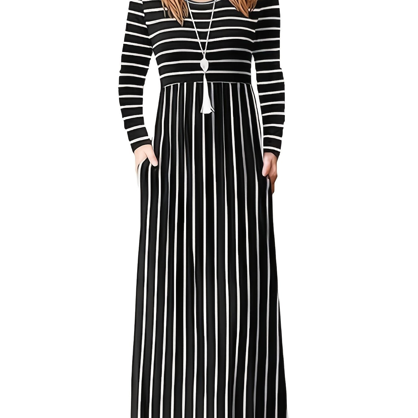 Fall/Winter Chic: Cozy Geometric High-Waist Maxi Dress with Crew Neck, Long Sleeves - Durable & Easy-Care, Perfect for Daily Wear