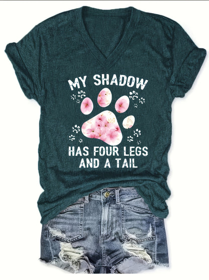 Women's Paw Print V-Neck T-Shirt - Comfy Short Sleeve Casual Top, Perfect for Spring & Summer, Fashionable Everyday Wear