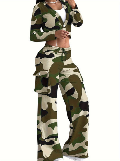 Fashionable Camouflage Print Womens Two-piece Set - Comfy Long Sleeve T-Shirt with Single Button & Drawstring Flap Pocket Pants - Casual Chic Outfit for Trendsetters