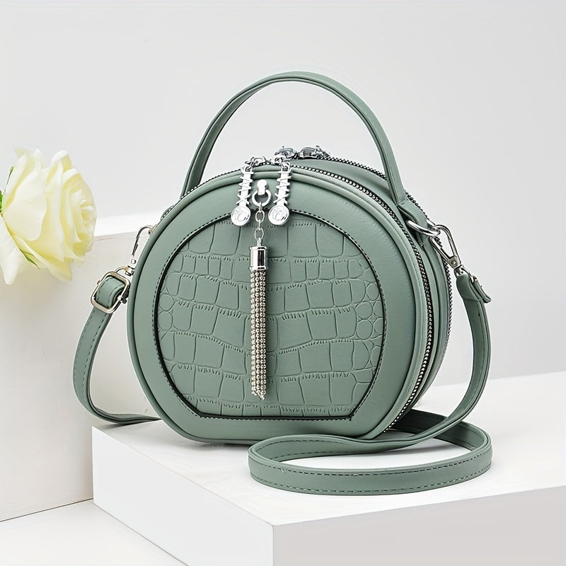 Sophisticated Round Mini Handbag - Crocodile Embossed, Solid Color, Adjustable Strap, Zipper Closure with Durable Edge Finish