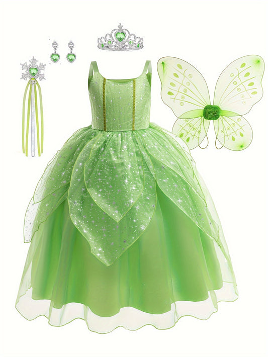 5-Piece Fairy Princess Dress Up Set: Tutu Dress, Wings, Magic Wand, Crown, and Earrings for Girls' Party Performance and Gift