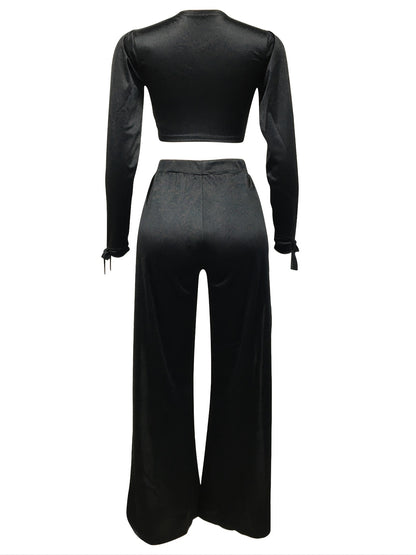 Chic Solid Two-piece Set - Deep V Neck Long Sleeve Crop Top & Split Pants - Womens Casual Fashion Ensemble