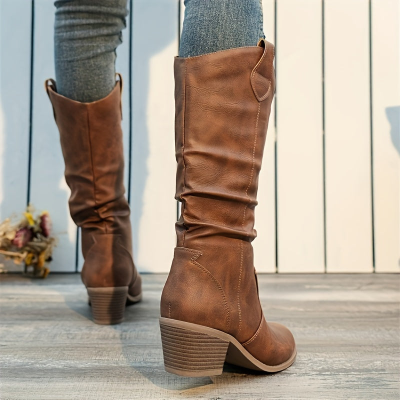 Multi-Season Chic Women's Motorcycle Boots: Comfy Block Heel, Solid Color, Slip-On, Round Toe Fashion