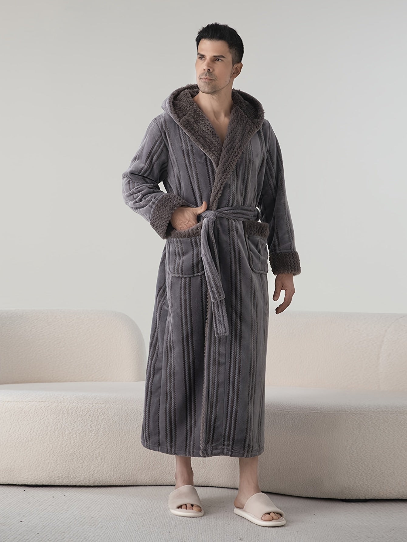 Cozy Plus-Size Hooded Bathrobe For Couples - Thick Double-Layer Jacquard Sleepwear With V-Neck & Pockets, Machine Washable - Perfect For Fall/Winter