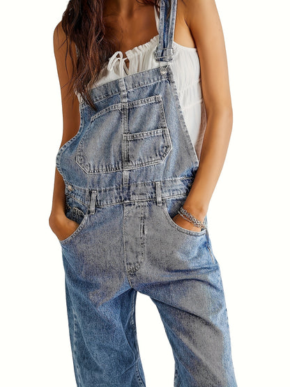 Elegant Women's Denim Overalls with Geometric Pattern - Cotton Blend, Machine Washable