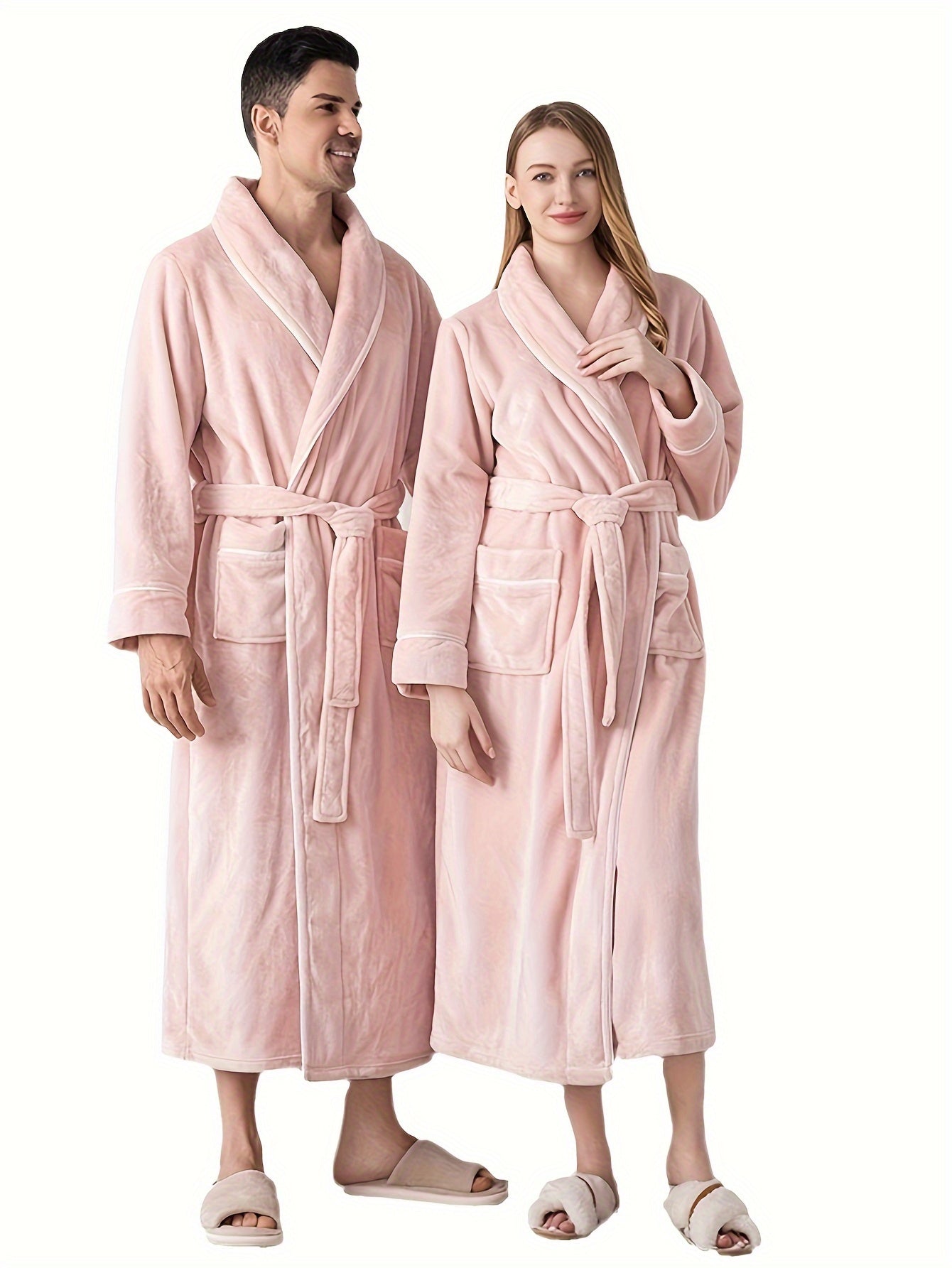 Polyester Flannel Couples Bathrobe Set - Comfortable V-Neck Long-Sleeve Loungewear for Men and Women, Warm Plush Robe for Fall/Winter, Solid Color Knit Fabric with No Detail, Regular Fit