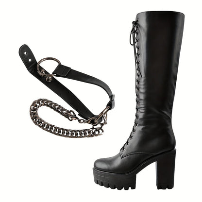 All-Season Women's Chunky Platform Heel Boots - Punk Style with Lace-Up, Side Zipper & Chain Accent