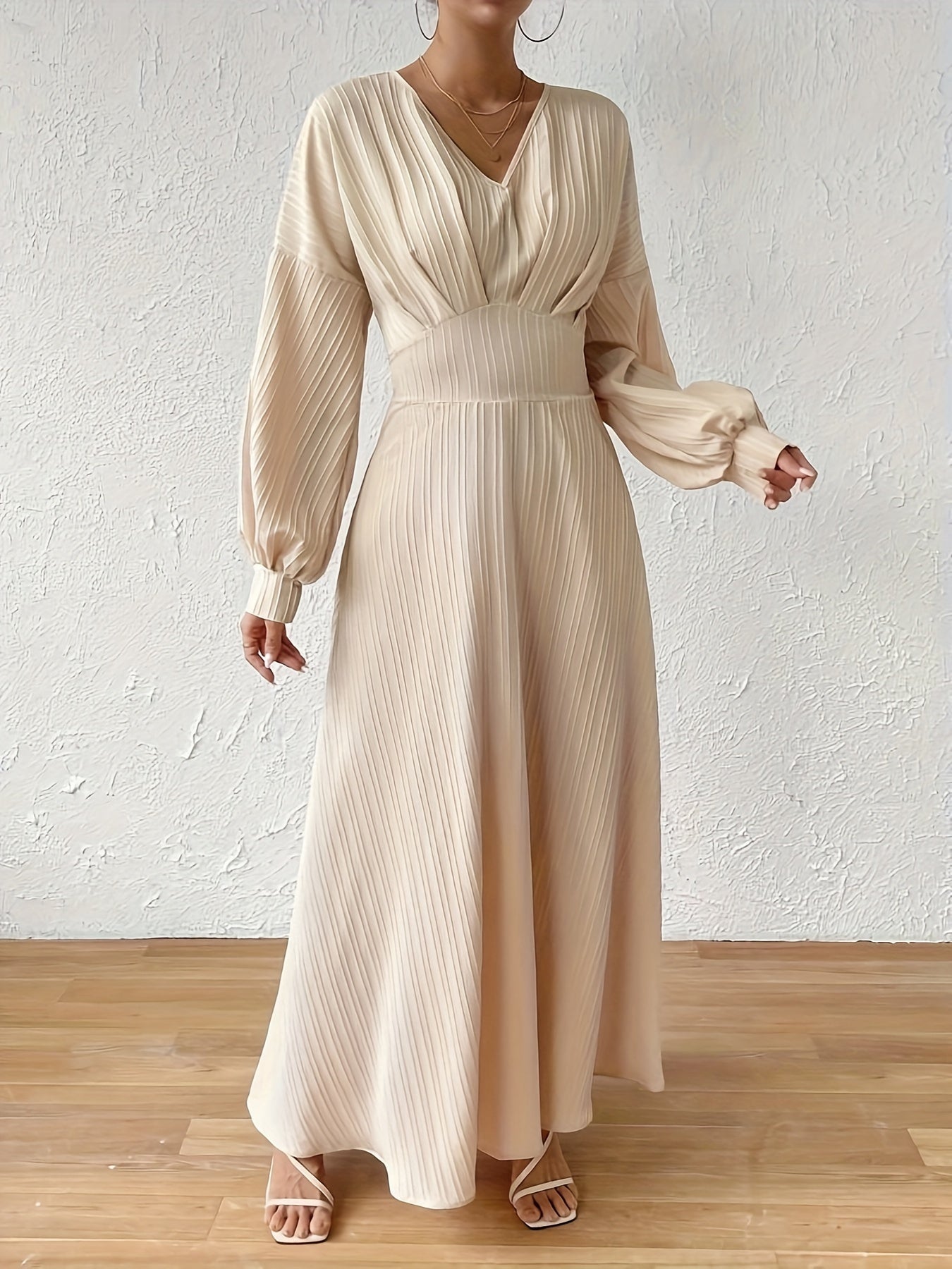 Stunning Solid V-Neck Elegant Long Lantern Sleeve Dress - Women's Formal Wear, Chic Party Dresses for Ladies, Comfortable and Flattering Clothing for Various Occasions