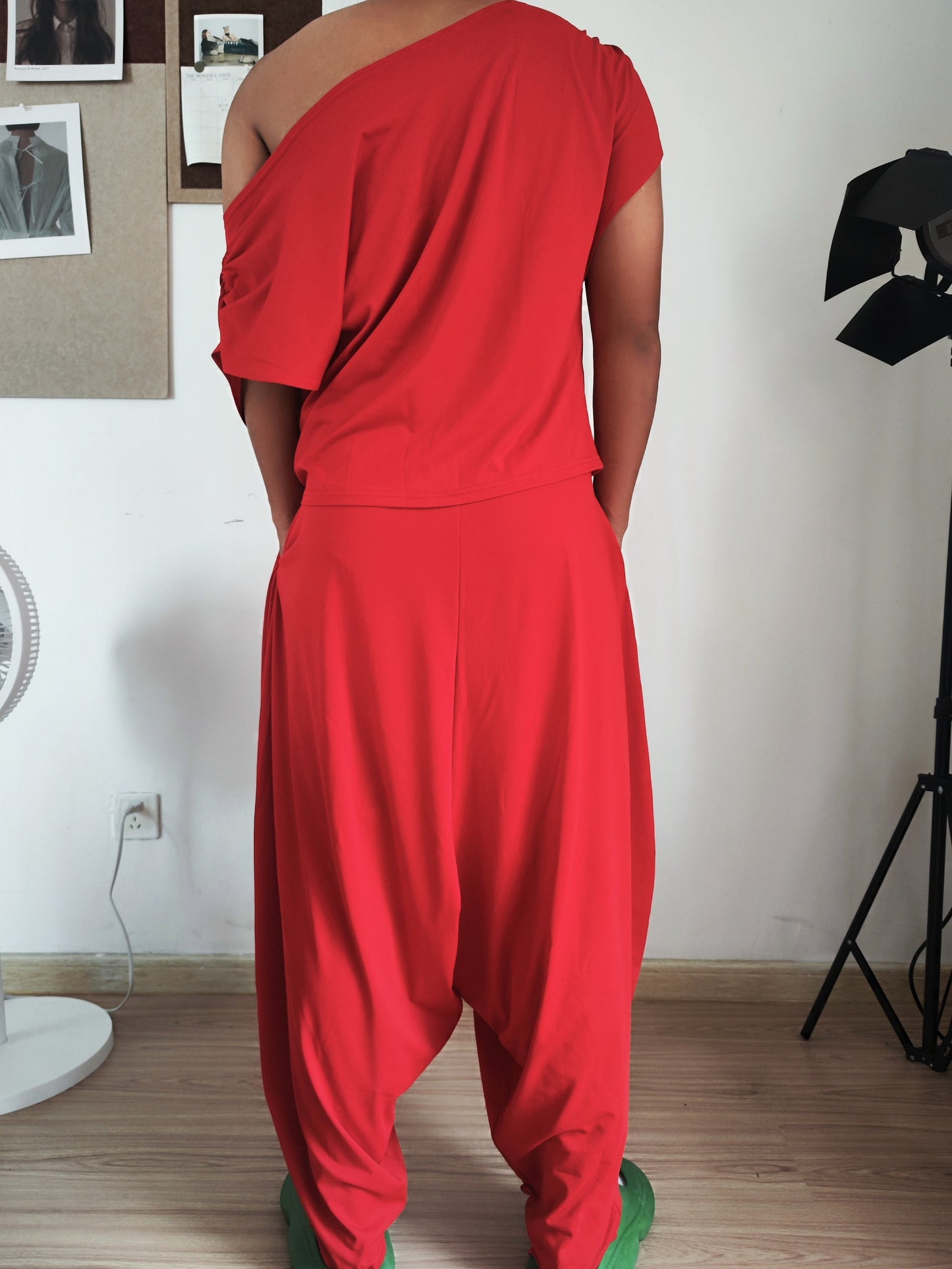 2-Piece Off Shoulder Hip Hop Womens Solid Color Polyester Knit Tracksuit - Comfortable Casual One Shoulder T-Shirt Top and Loose Haren Pants Set - Soft, Breathable, and Non-Elastic Fabric for All Seasons