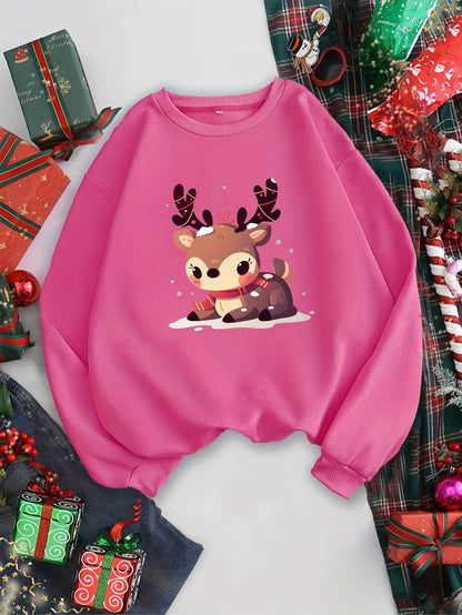 Girls' Christmas Reindeer Crew Neck Sweatshirt - Casual Polyester Long Sleeve Loose Fit Pullover with Alphabet Pattern Applique for Fall/Winter - Kids Fashion Knit Fabric Top