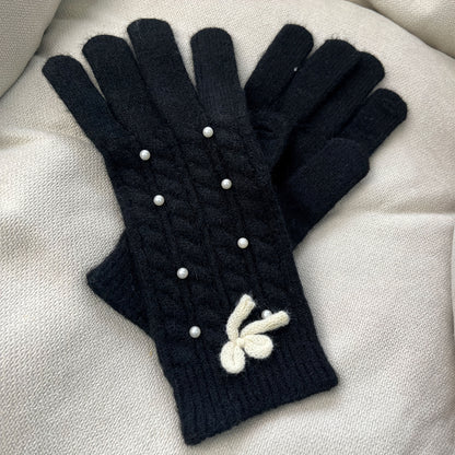 Boho Twist Knit Wool Gloves Simple Bow Imitation Pearl Decor Touchscreen Gloves Autumn Winter Coldproof Elastic Gloves