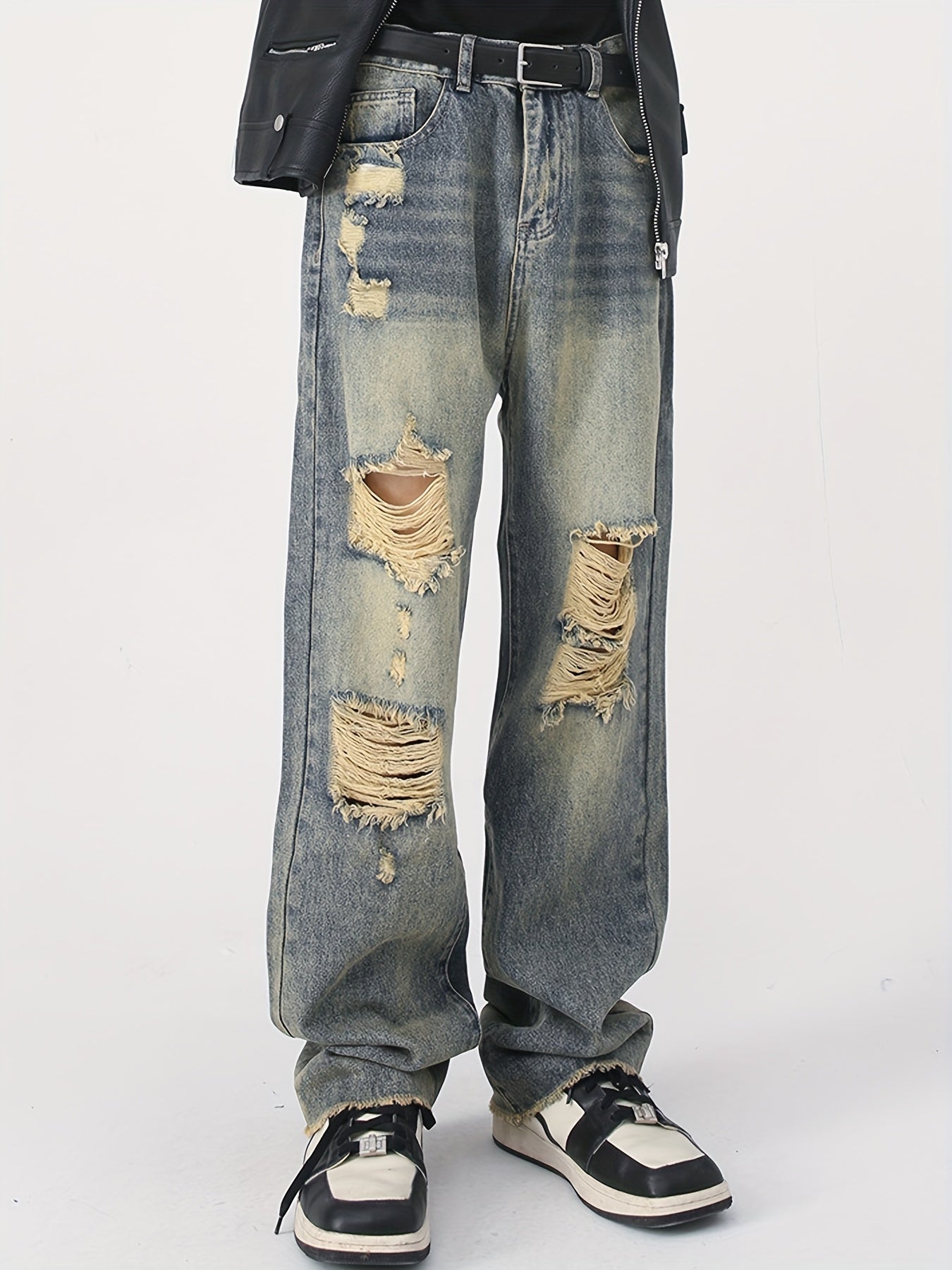 Mens Retro Style Distressed Loose Fit Straight Leg Jeans - High Street Fashion, Washed, Yellowed, Scraped, and Torn Details - Comfortable, Relaxed Pant for Casual Wear