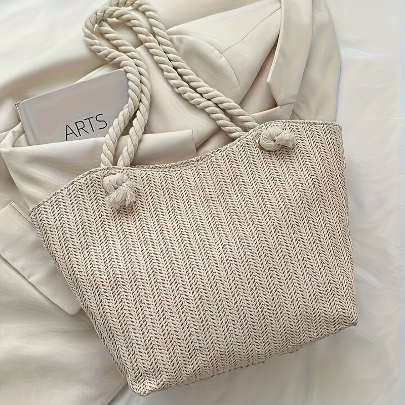 Straw Woven Tote Bag, Large Capacity Shoulder Bag, Women's Casual Handbag For Beach Travel Vacation