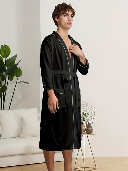 Men's Casual Non-Stretch V-neck Satin Kimono Robe, Elegent Style With Solid Color, Vacation Style Comfortable Sleepwear Elegant Style Bathrobe With Belt Spa Home Wear