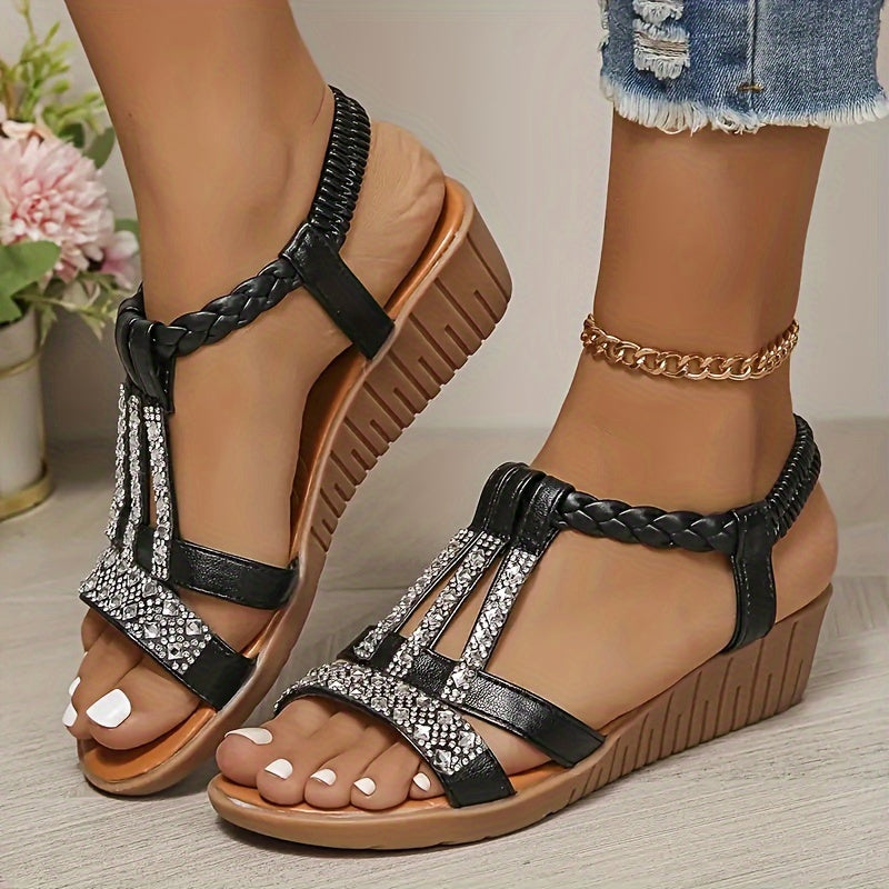 Glamorous Rhinestone Wedge Sandals - Stylish Heel, Open Toe, Comfortable Elastic Straps for Summer - Casual Everyday Footwear